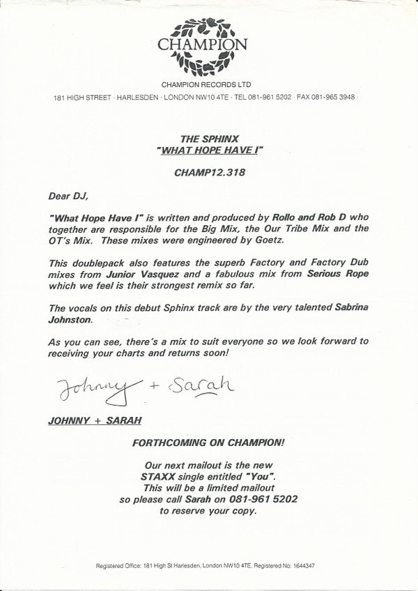 The Sphinx* : What Hope Have I (2x12", Promo)