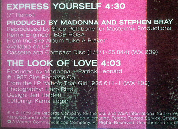 Madonna : Express Yourself (7", Single, Lar)