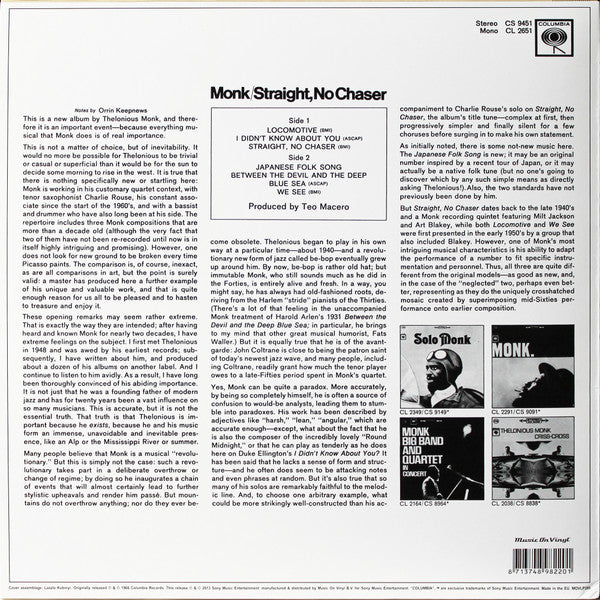 Monk* : Straight, No Chaser (LP, Album, RE, RM, 180)