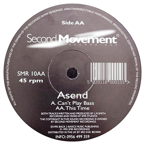 Asend : Can't Play Bass / This Time (12")