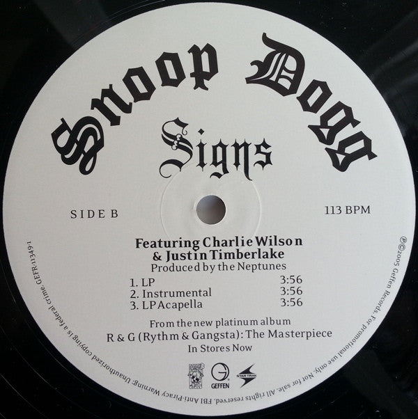 Snoop Dogg Featuring Charlie Wilson & Justin Timberlake : Signs (12", Promo)