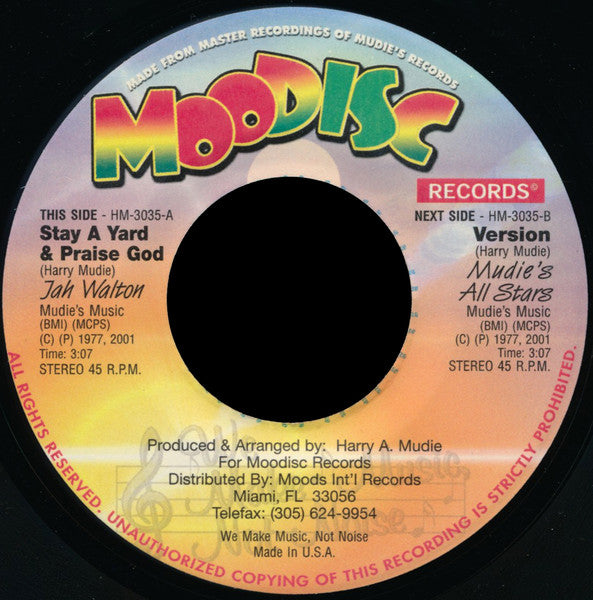 Jah Walton : Stay A Yard & Praise God (7", Single)