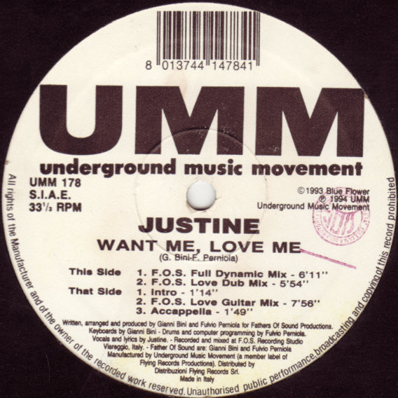 Justine : Want Me, Love Me (12")