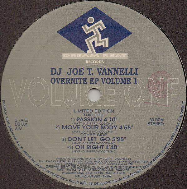 Joe T. Vannelli : Overnite EP Volume 1 (12", EP, Ltd)