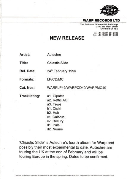 Autechre : Chiastic Slide (2xLP, Album, W/Lbl, Sti)