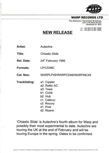 Autechre : Chiastic Slide (2xLP, Album, W/Lbl, Sti)