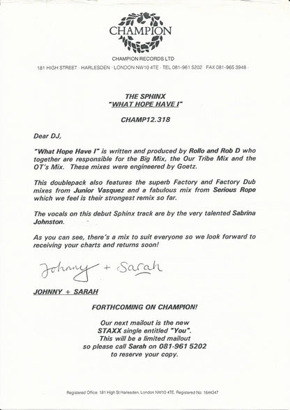 The Sphinx* : What Hope Have I (2x12", Promo)