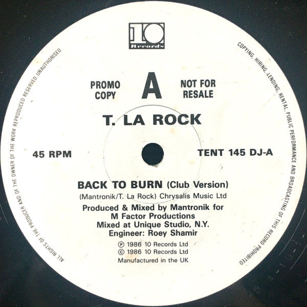T La Rock : Back To Burn (12", Promo)
