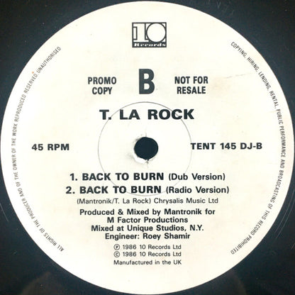 T La Rock : Back To Burn (12", Promo)