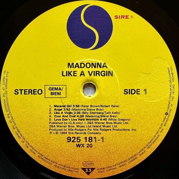 Madonna : Like A Virgin (LP, Album, RE)