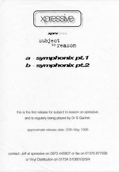 Subject To Reason : Symphonix Pt. 1 / Symphonix Pt. 2 (12", Promo)