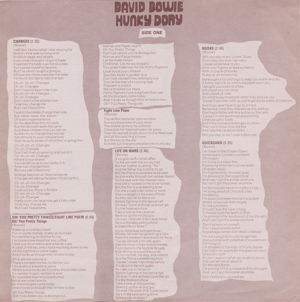 David Bowie : Hunky Dory (LP, Album, RE, RP)