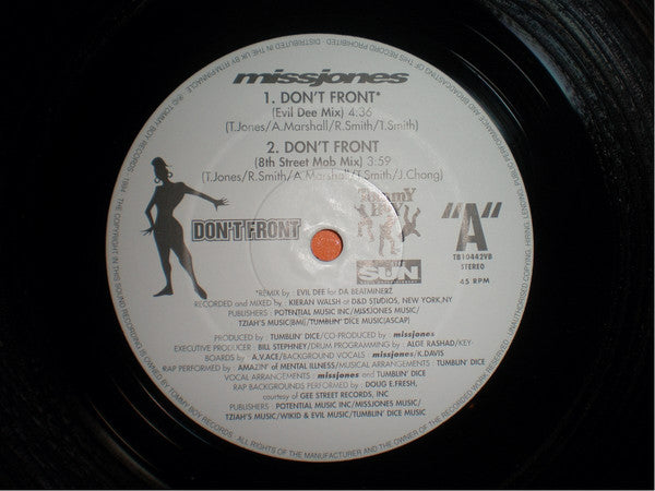 Miss Jones (2) : Don't Front / Where I Wanna Be Boy (12")