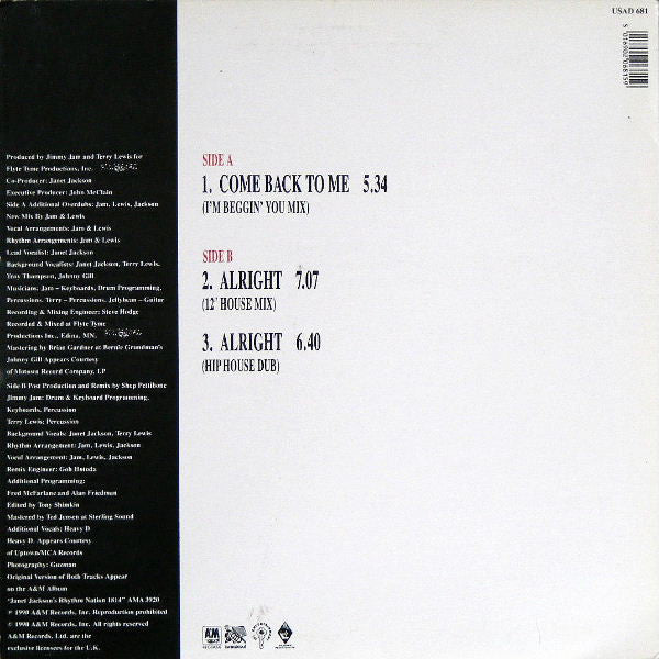 Janet Jackson : Come Back To Me / Alright (12", Single, Ltd, Pos)