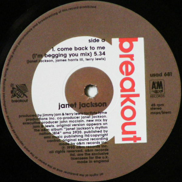 Janet Jackson : Come Back To Me / Alright (12", Single, Ltd, Pos)