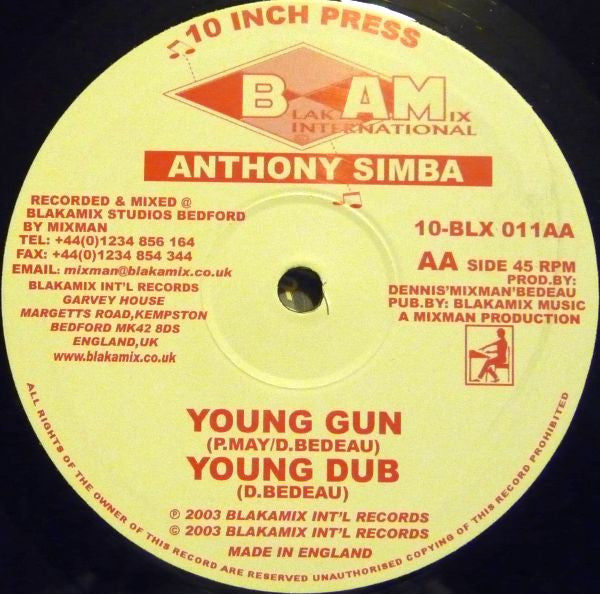 Anthony Simba : Jah Watcheth Over Me / Young Gun (10")