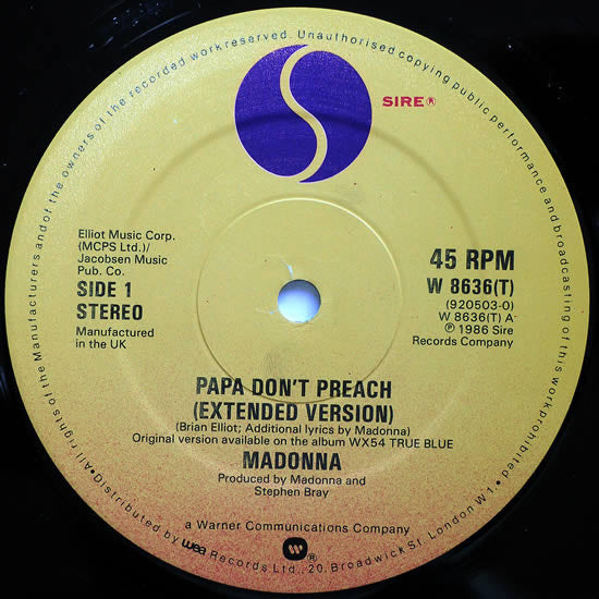 Madonna : Papa Don't Preach (12", Single, Dam)