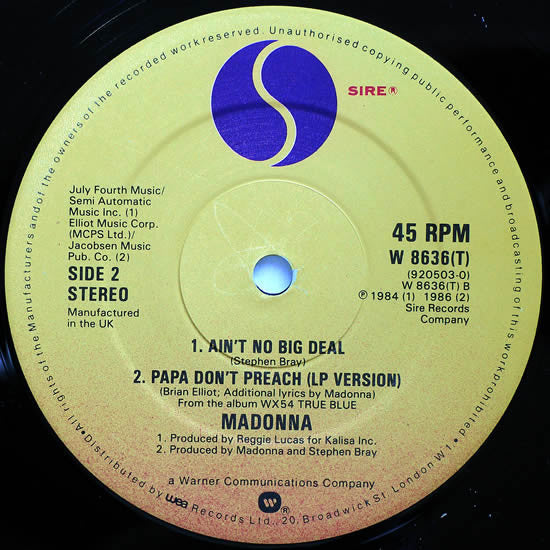 Madonna : Papa Don't Preach (12", Single, Dam)