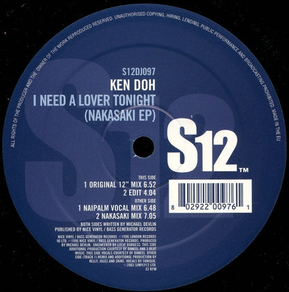 Ken Doh : I Need A Lover Tonight (Nakasaki EP) (12", EP, RE)