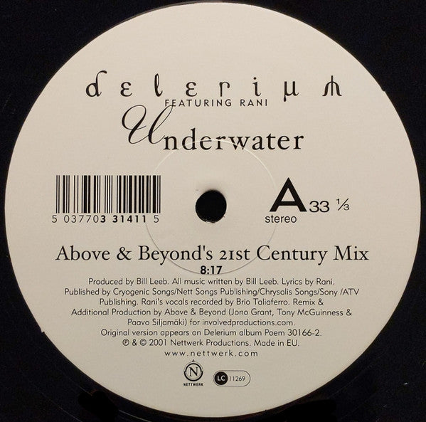 Delerium Featuring Rani : Underwater (Remixes By Above & Beyond / Hydrogen Rockers) (12", Single)