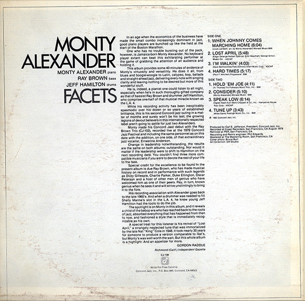 Monty Alexander With Ray Brown And Jeff Hamilton : Facets (LP, Album)