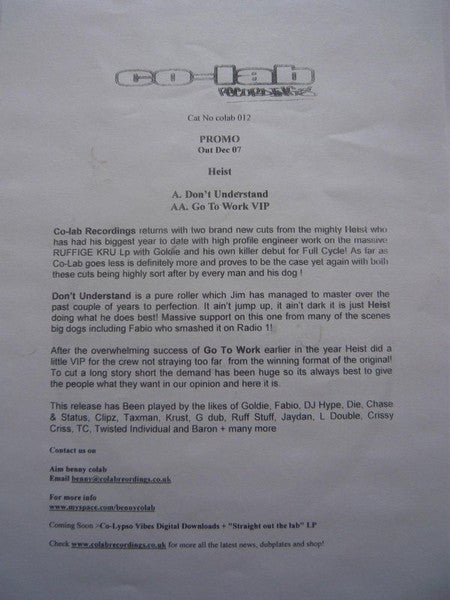 Heist : Don't Understand / Go To Work VIP (12", Promo, W/Lbl)