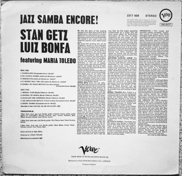 Stan Getz / Luiz Bonfá : Jazz Samba Encore! (LP, Album, RE)