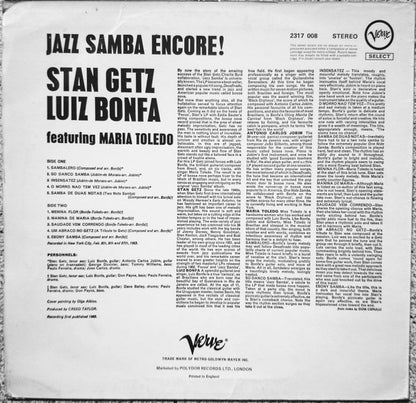 Stan Getz / Luiz Bonfá : Jazz Samba Encore! (LP, Album, RE)
