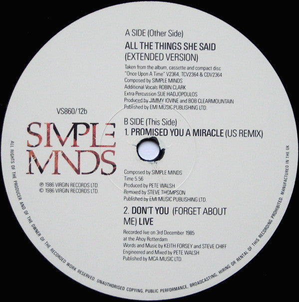 Simple Minds : All The Things She Said (Extended Version) (12", Single)