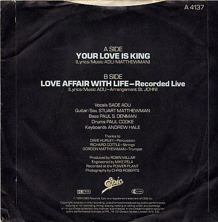 Sade : Your Love Is King (7", Single, Pap)