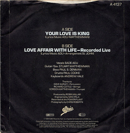 Sade : Your Love Is King (7", Single, Pap)