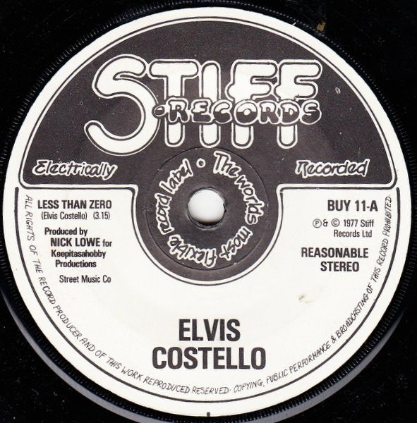 Elvis Costello : Less Than Zero (7", Single, Pic)