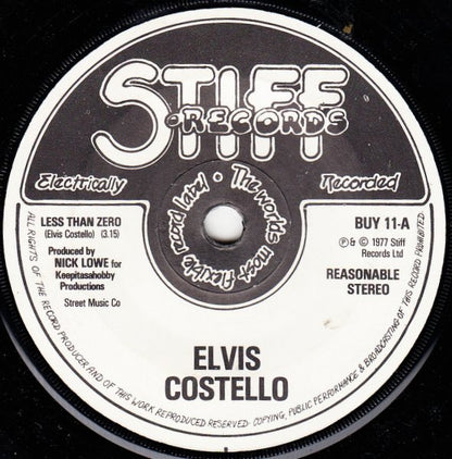 Elvis Costello : Less Than Zero (7", Single, Pic)