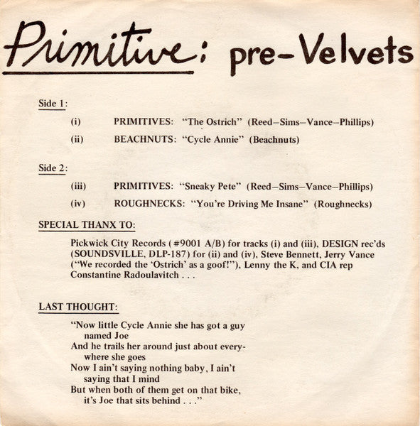 Various : Primitive: Pre-Velvets (7", EP, Comp, Unofficial, Bla)