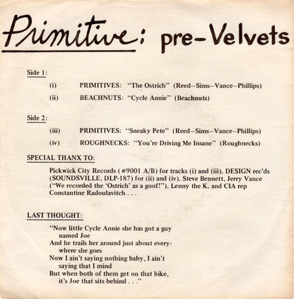 Various : Primitive: Pre-Velvets (7", EP, Comp, Unofficial, Bla)