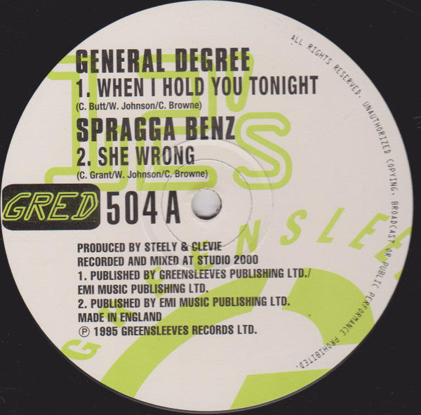 General Degree, Spragga Benz, General B, Frisco Kid : When I Hold You / She Wrong / Bad Inna New Clothes / Matey Get Wild (12")