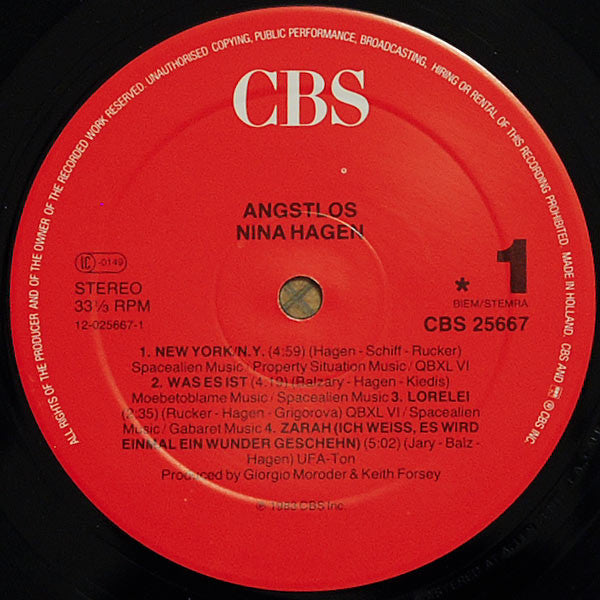 Nina Hagen : Angstlos (LP, Album, RE, Red)