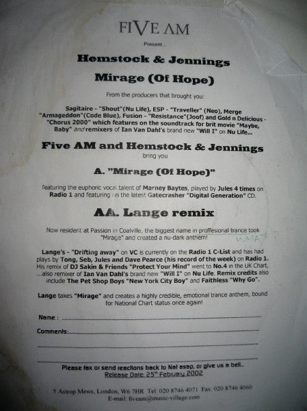 Hemstock & Jennings : Mirage (Of Hope) (12")