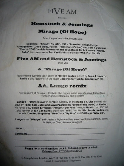 Hemstock & Jennings : Mirage (Of Hope) (12")