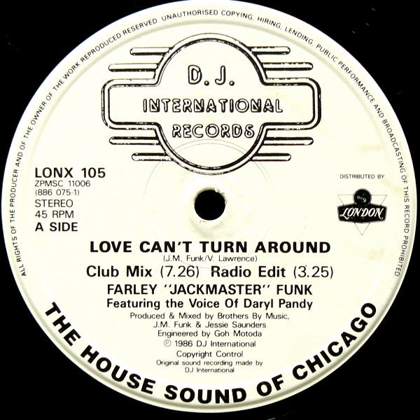 Farley "Jackmaster" Funk & Jessie Saunders* : Love Can't Turn Around (12", Single)