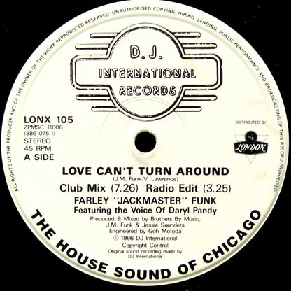 Farley "Jackmaster" Funk & Jessie Saunders* : Love Can't Turn Around (12", Single)