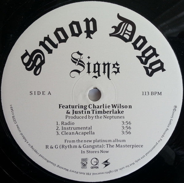 Snoop Dogg Featuring Charlie Wilson & Justin Timberlake : Signs (12", Promo)