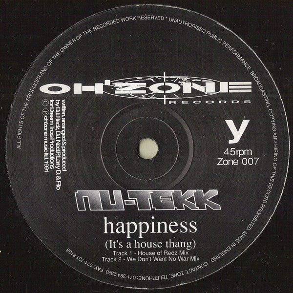 Nu-Tekk : Happiness (It's A House Thang) (12")