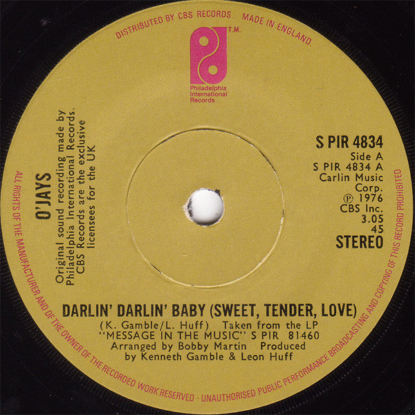 O'Jays* : Darlin' Darlin' Baby (Sweet, Tender, Love) (7", Single, Sol)