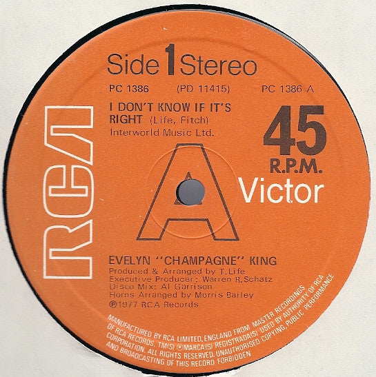Evelyn "Champagne" King* : I Don't Know If It's Right (12", Single, Ltd)